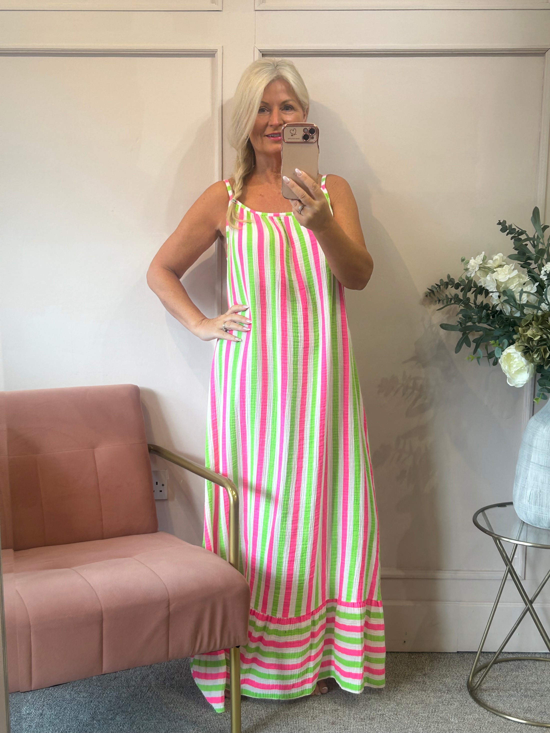 Strappy Maxi Sun Dress- Pink/White/Green - Wardrobe By Simone