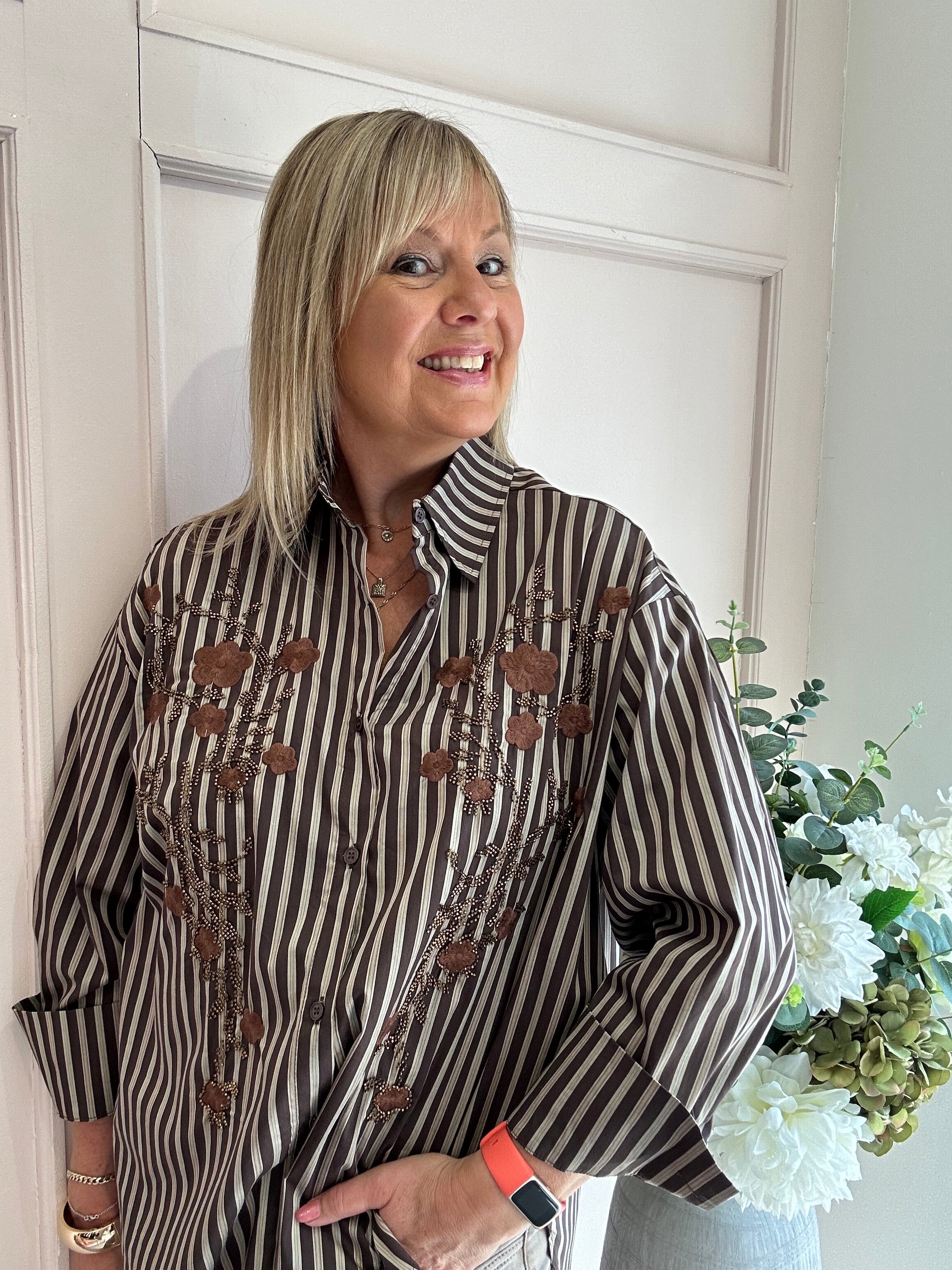 Beads Flowers &  Stripes Shirt - Browns