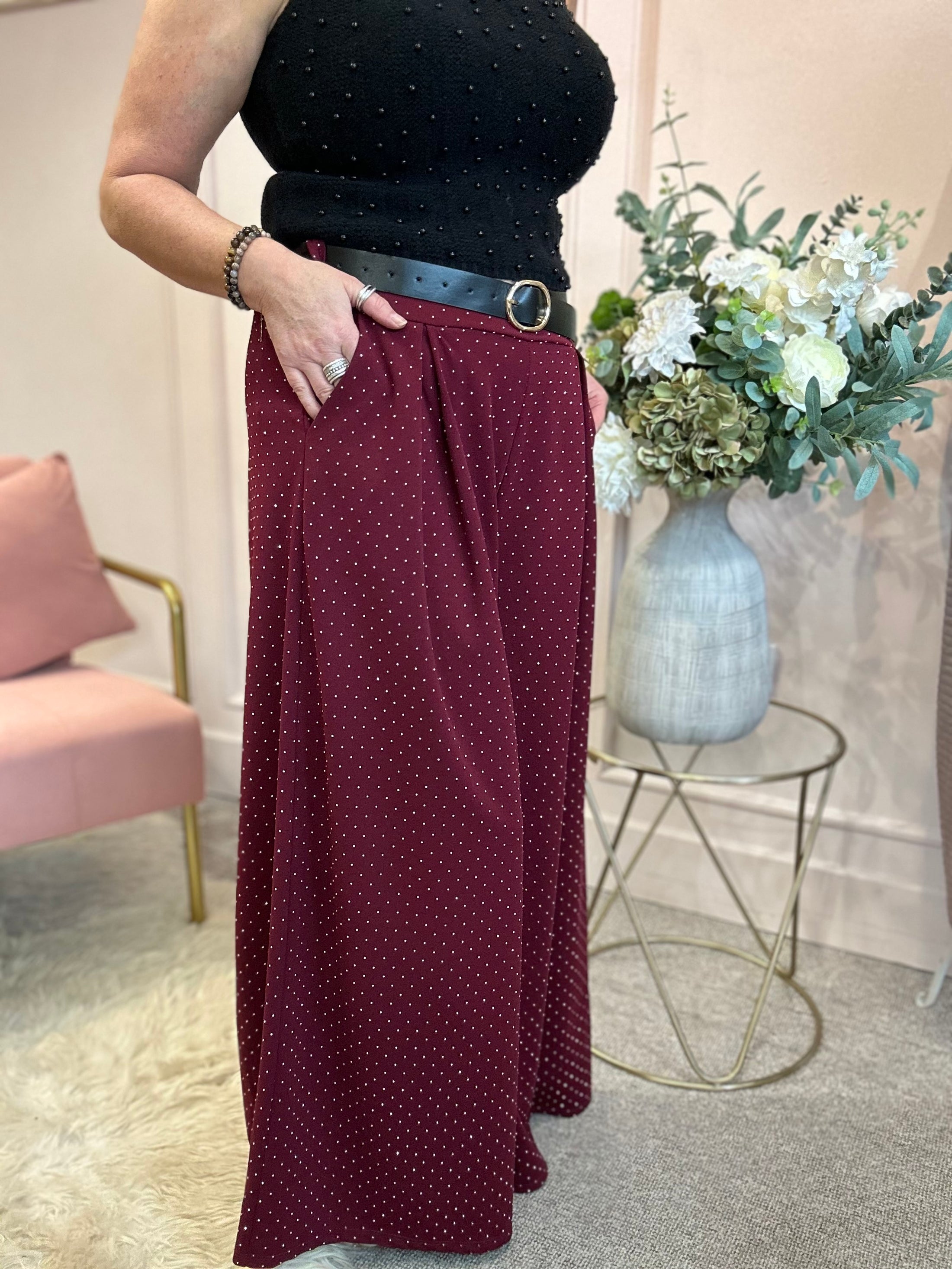Twinkling & Sparkling Wide Leg Trouser - Burgundy