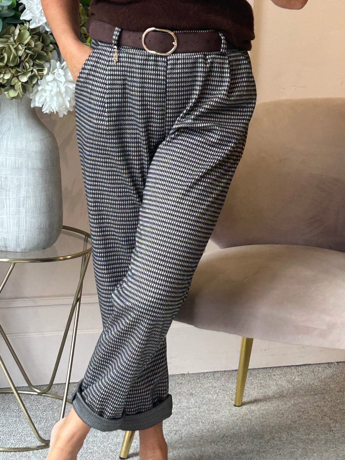 Belted Checked Pant - Black/Beige