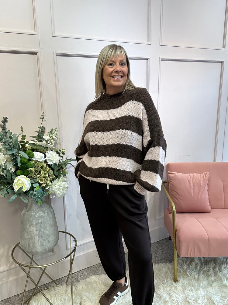 Chunky Striped Knitted Jumper - Brown/Pink