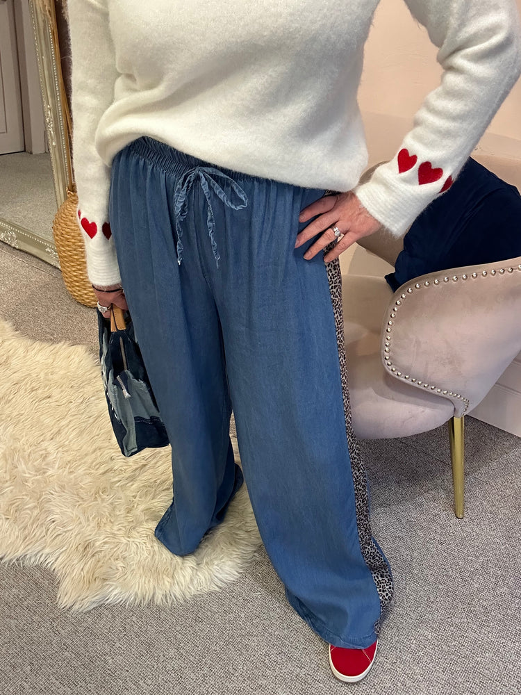 Blue Wide Leopard Stripe Side Jeans- Blue - Wardrobe By Simone