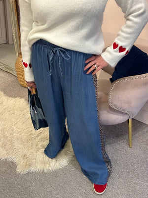 Blue Wide Leopard Stripe Side Jeans- Blue - Wardrobe By Simone