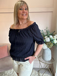 Load image into Gallery viewer, Off Shoulder Ruched Edge Top - Navy - Wardrobe By Simone
