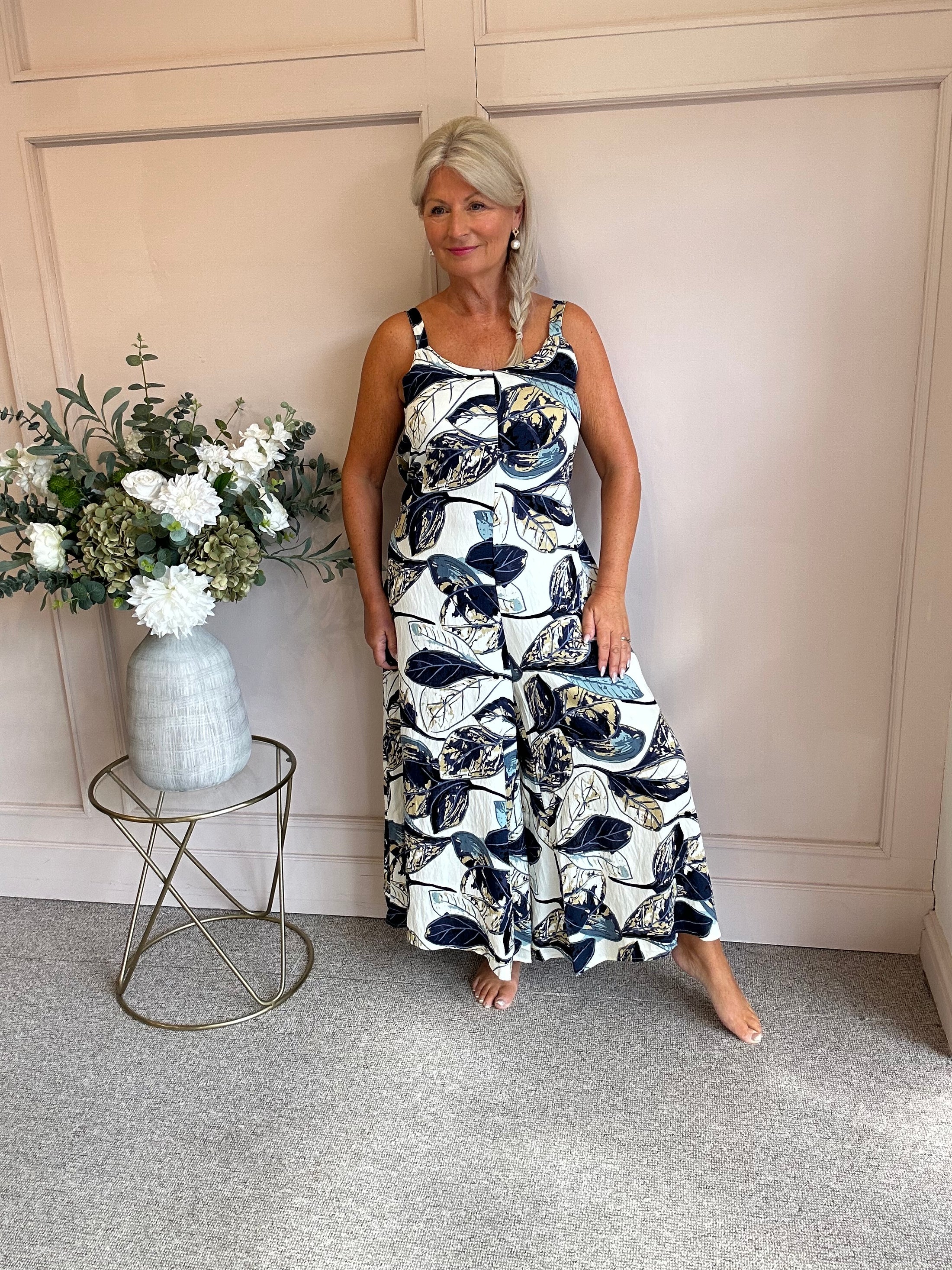 Mixed Botanical Jumpsuit - Cream/Navy - Wardrobe By Simone