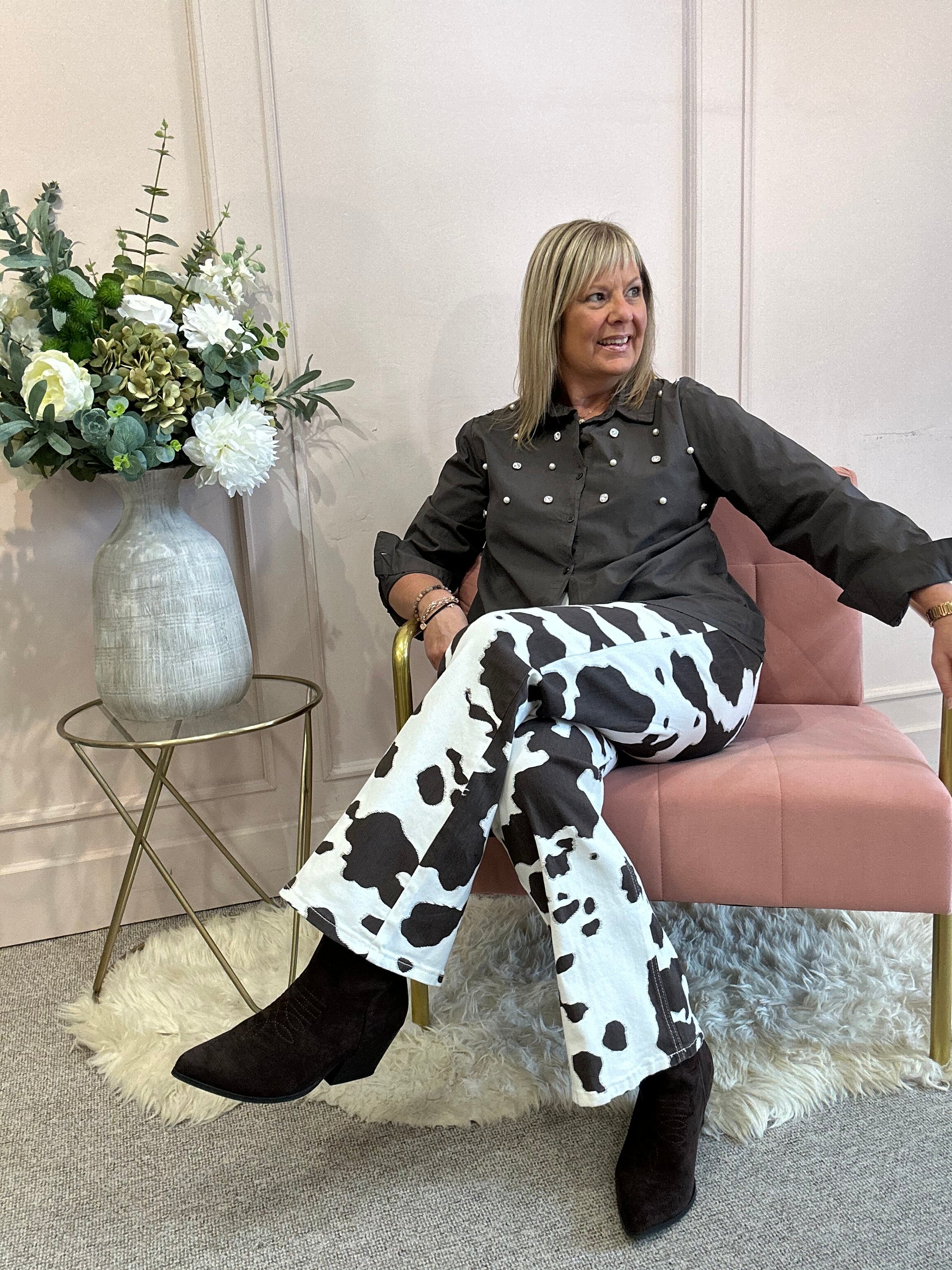 Bold Cow Print Jean - Brown/White