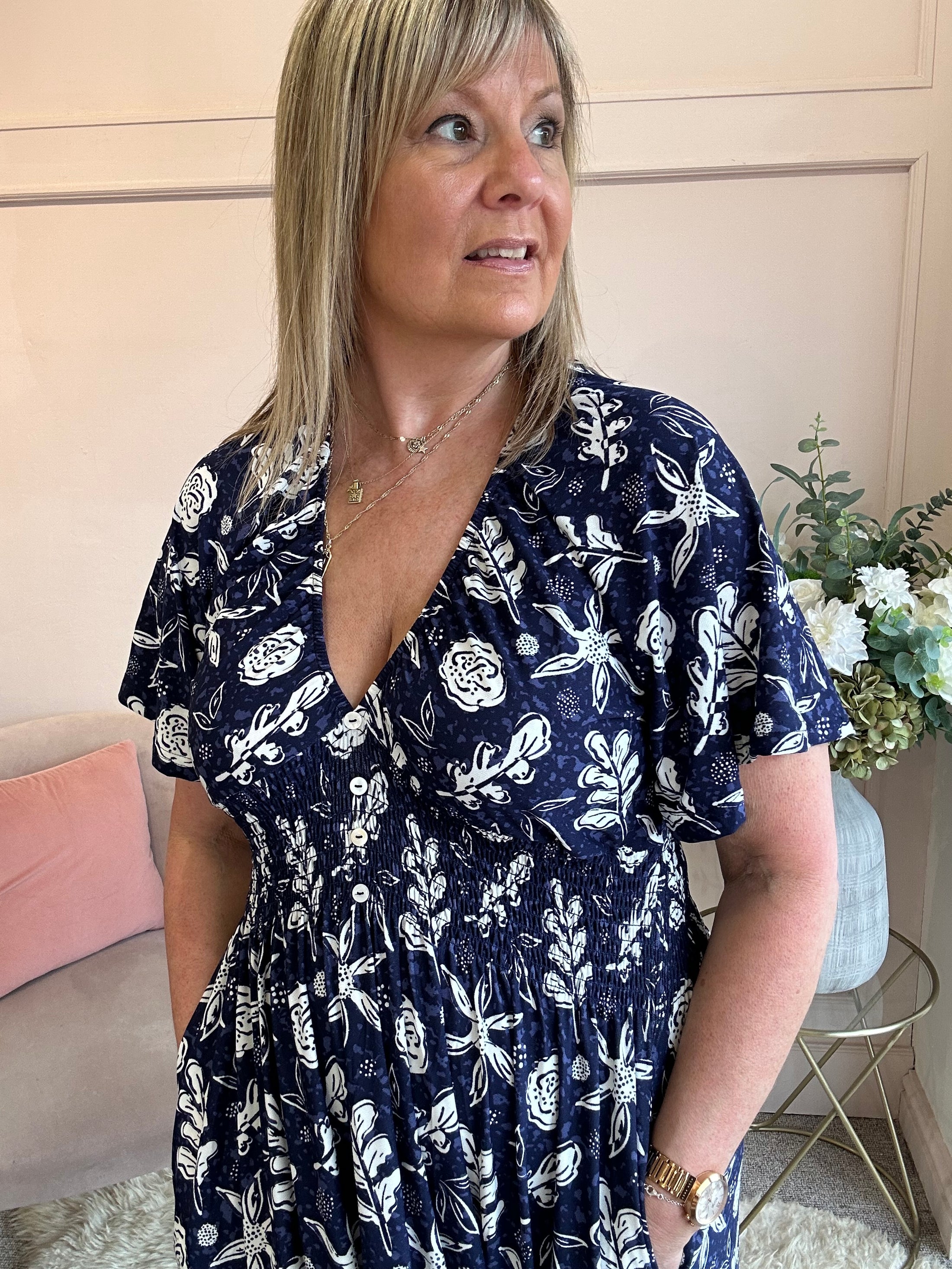White Floral Maxi Dress - Navy/White - Wardrobe By Simone