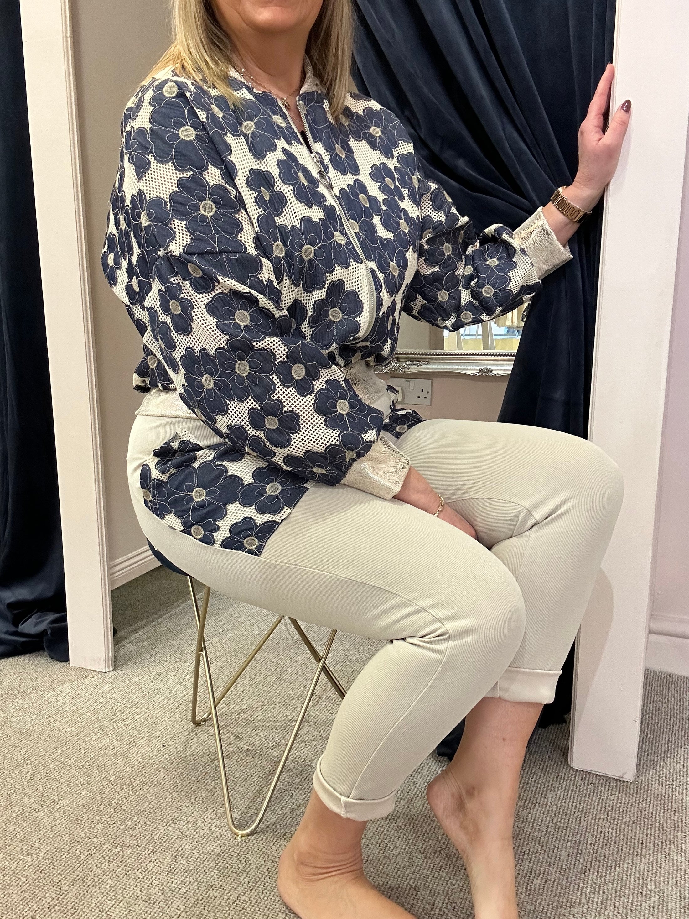 Two Piece Lounge Set - Cream/Indigo