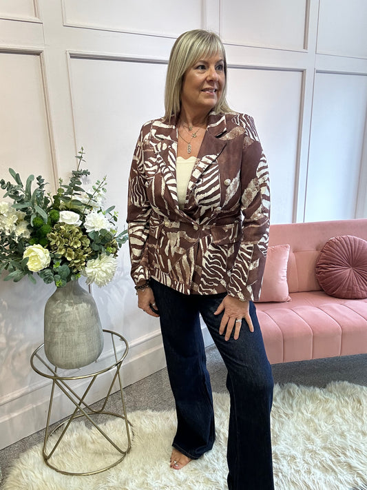 Leafy Double Breasted Jacket - Light Brown/Cream