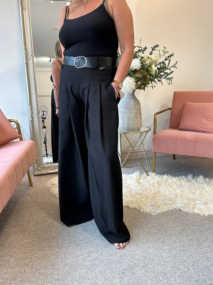 Wide Leg Pin tuck Front Trouser - Black
