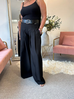 Wide Leg Pin tuck Front Trouser - Black
