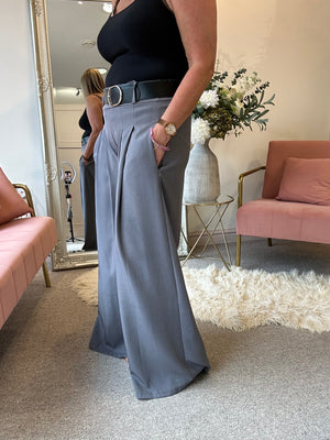 Wide Leg Pin tuck Front Trouser - Grey