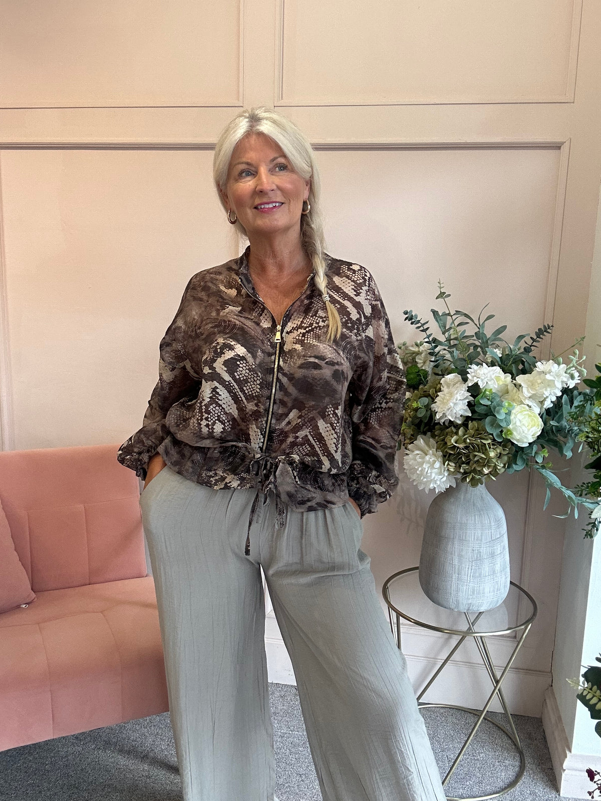 Lightweight Snake Print Zip Jacket - Brown/Cream - Wardrobe By Simone