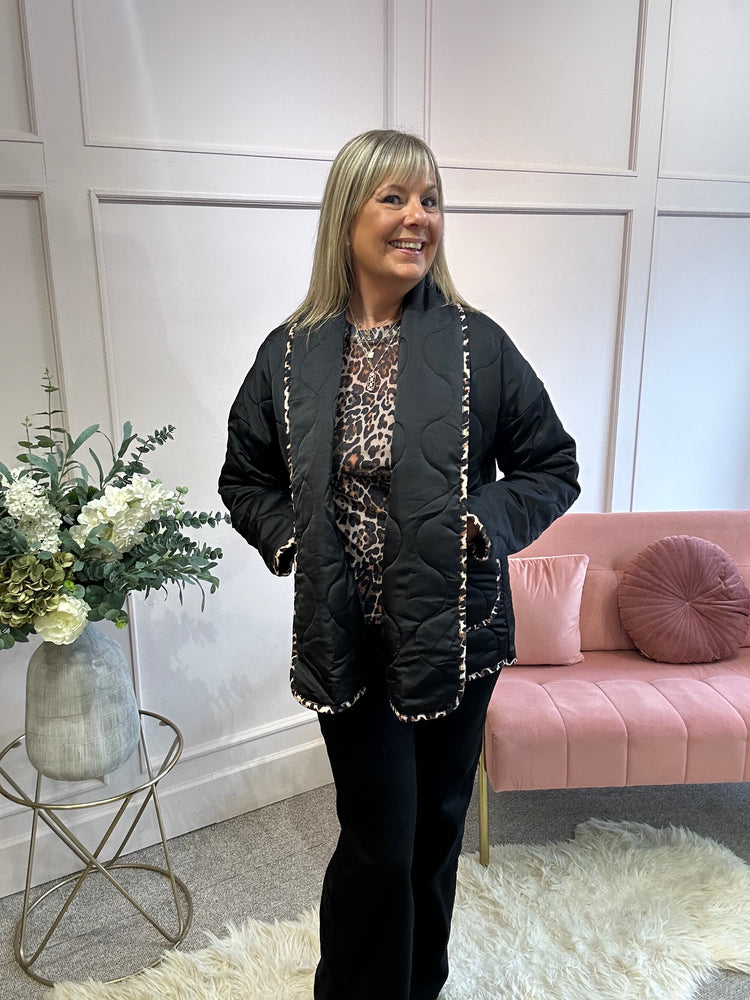Quilted Jacket - Black/ Leopard