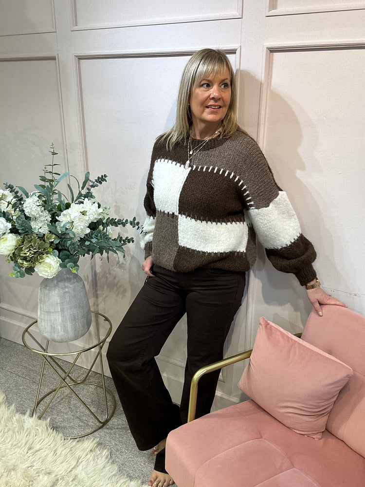 Bold Colour Block Pattern Jumper - Brown/Cream