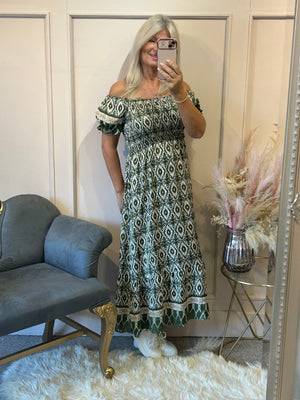 Aztec Mixed Print Dress - Khaki/Cream