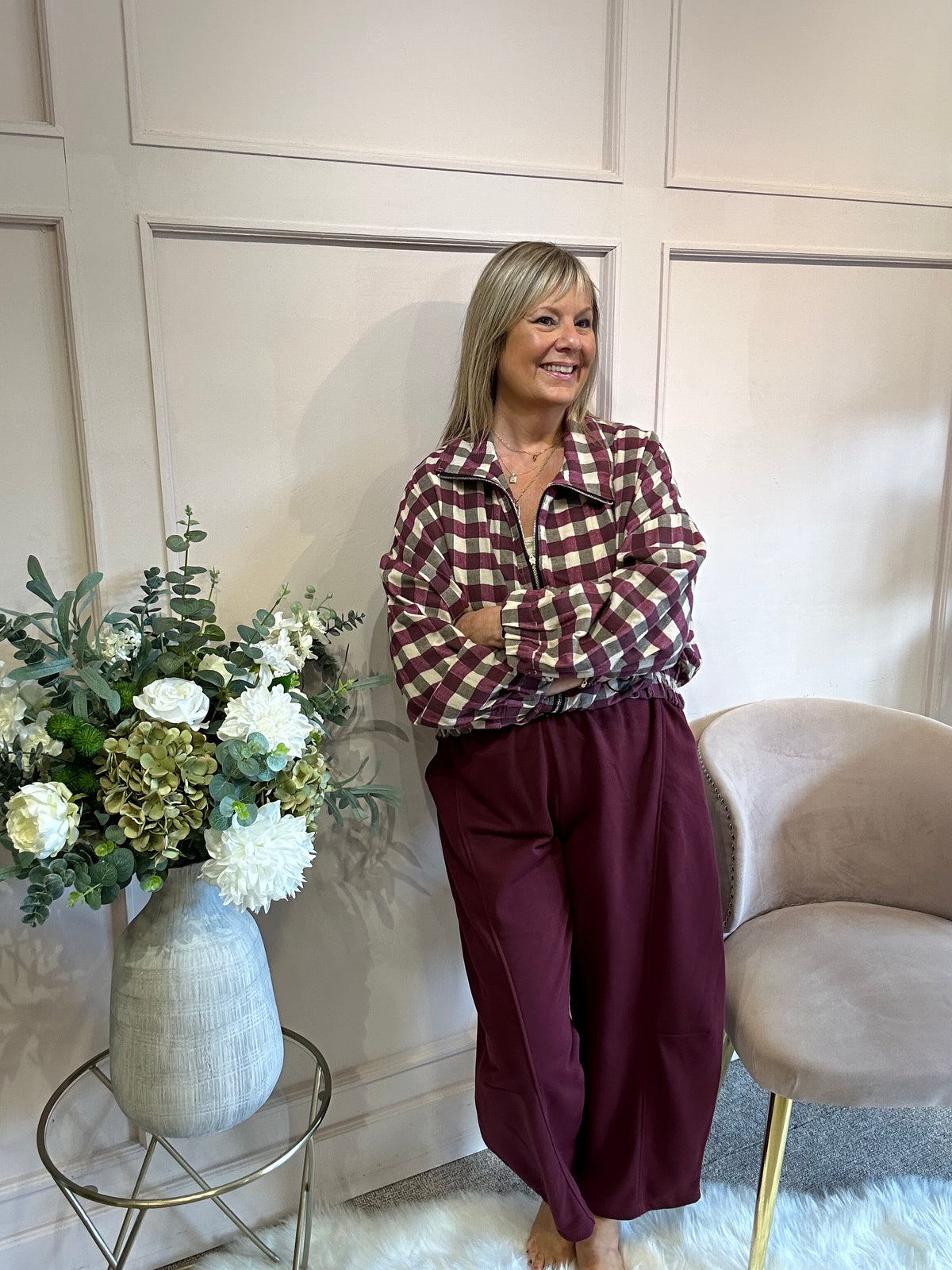 A Checked Zip Jacket - Burgundy/Cream - Wardrobe By Simone