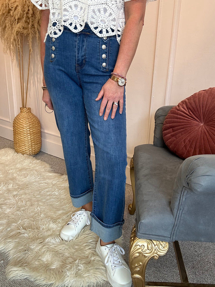 Gold Button Wide Cuff Jeans - Mid Blue