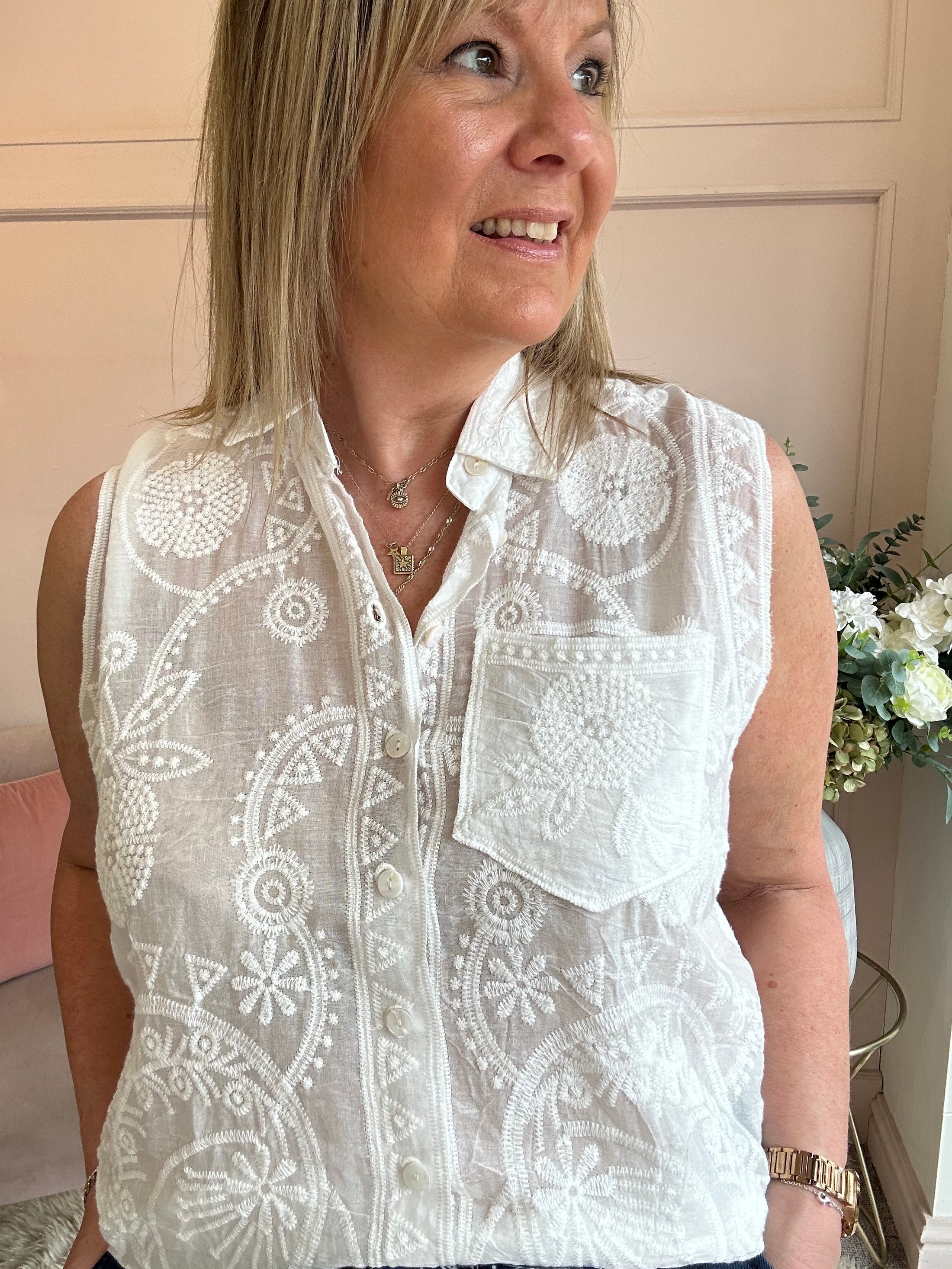 Embroidered Sleeveless Top  - White - Wardrobe By Simone
