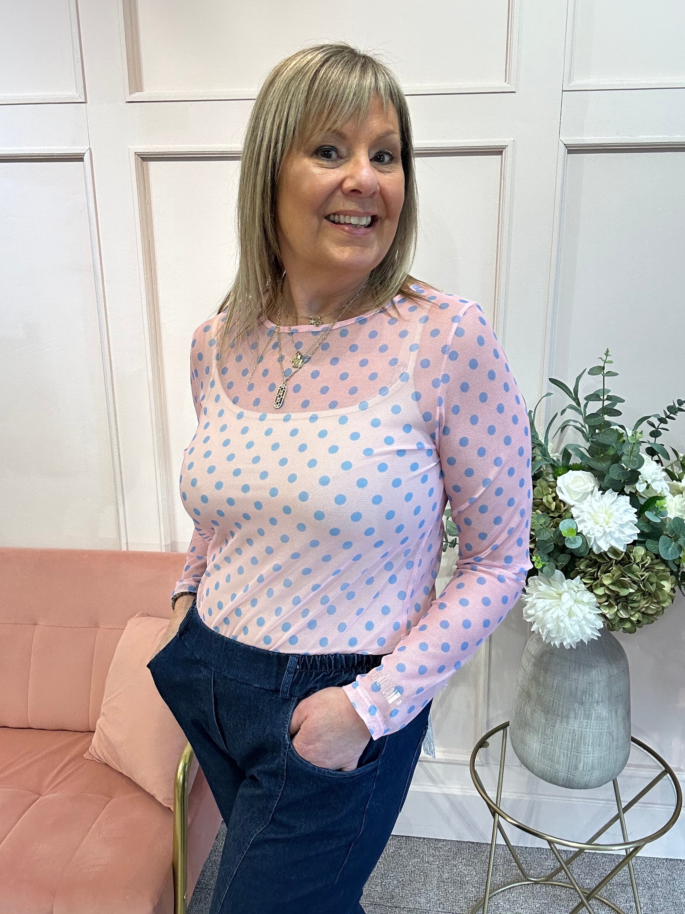 Polka Dot Mesh Top - Pink/Blue - Wardrobe By Simone