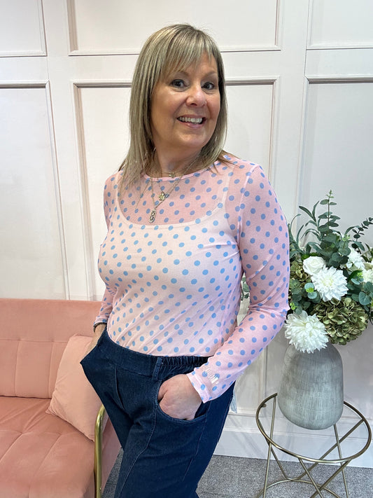 Polka Dot Mesh Top - Pink/Blue - Wardrobe By Simone
