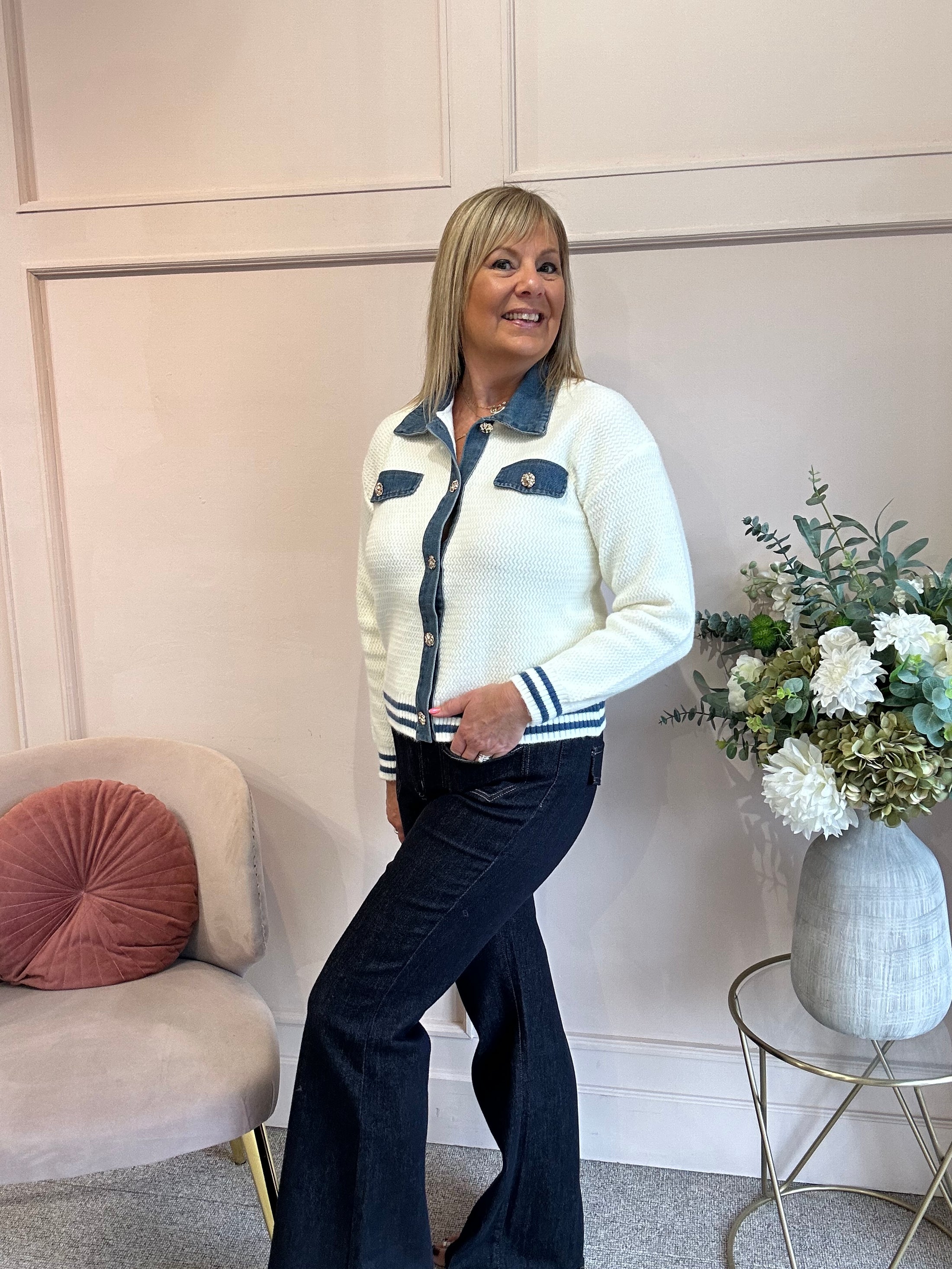 Denim Collar Cardigan Jacket - Cream/Denim