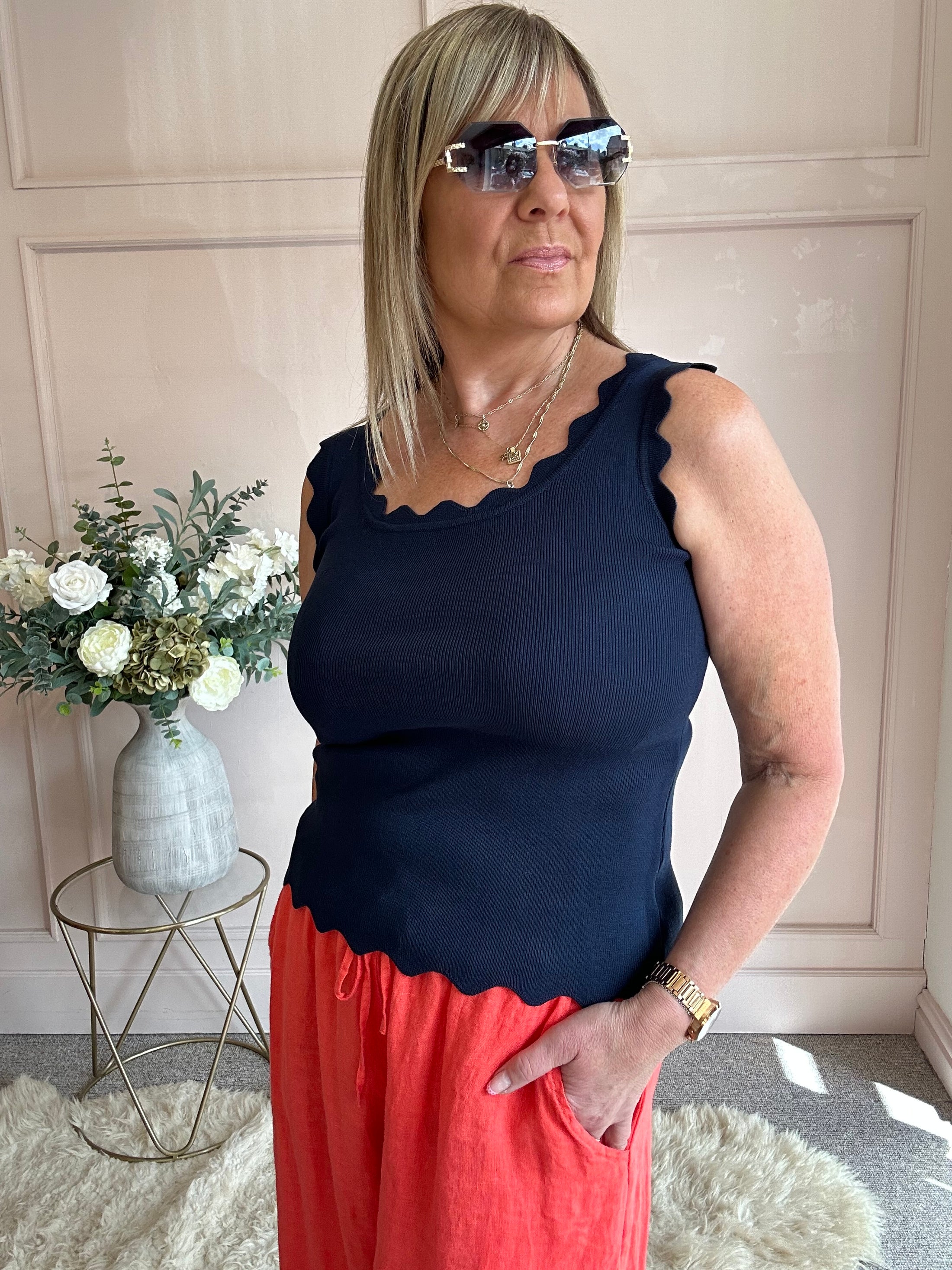 Scalloped Edged Vest Top - Navy - Wardrobe By Simone
