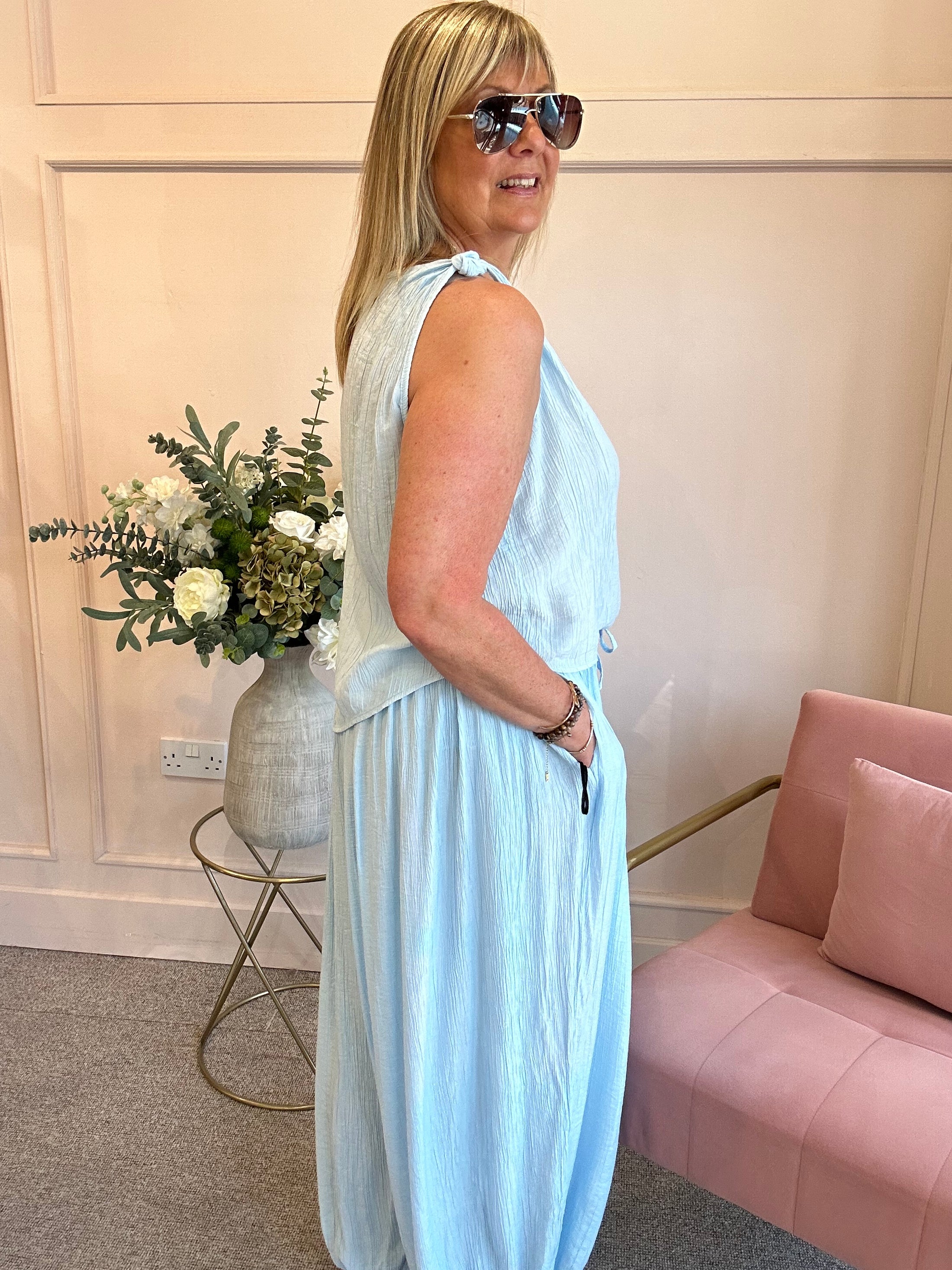 Crinkle Asymmetric Vest Top - Pale Blue