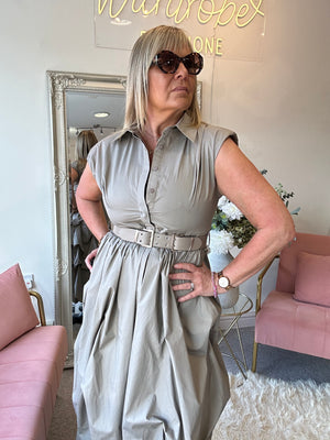 Quirky Belted Ruched Skirt Dress - Taupe