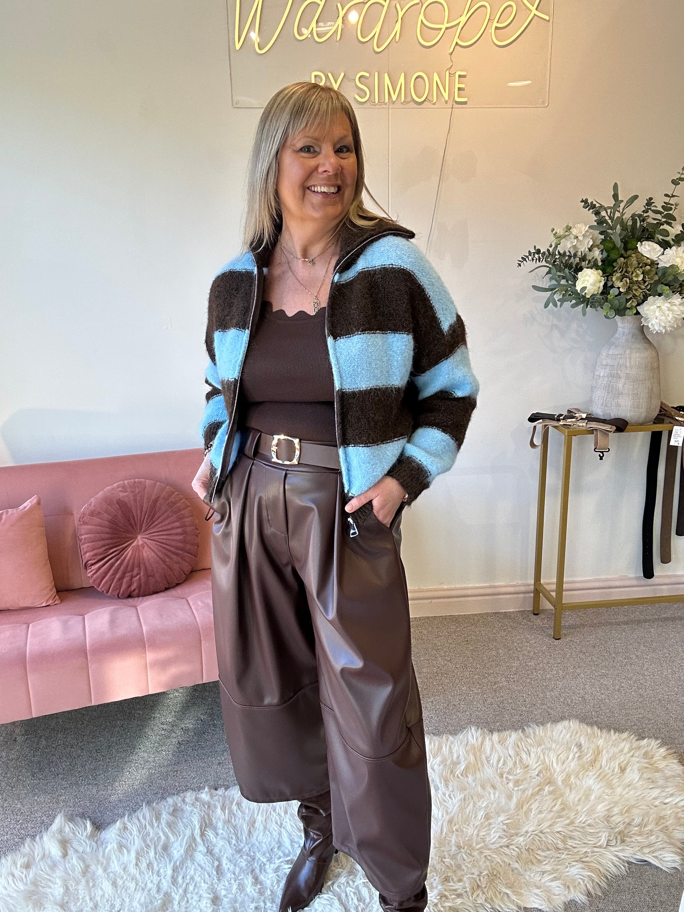 Bold Striped Zipped Up Cardigan -  Blue/Brown