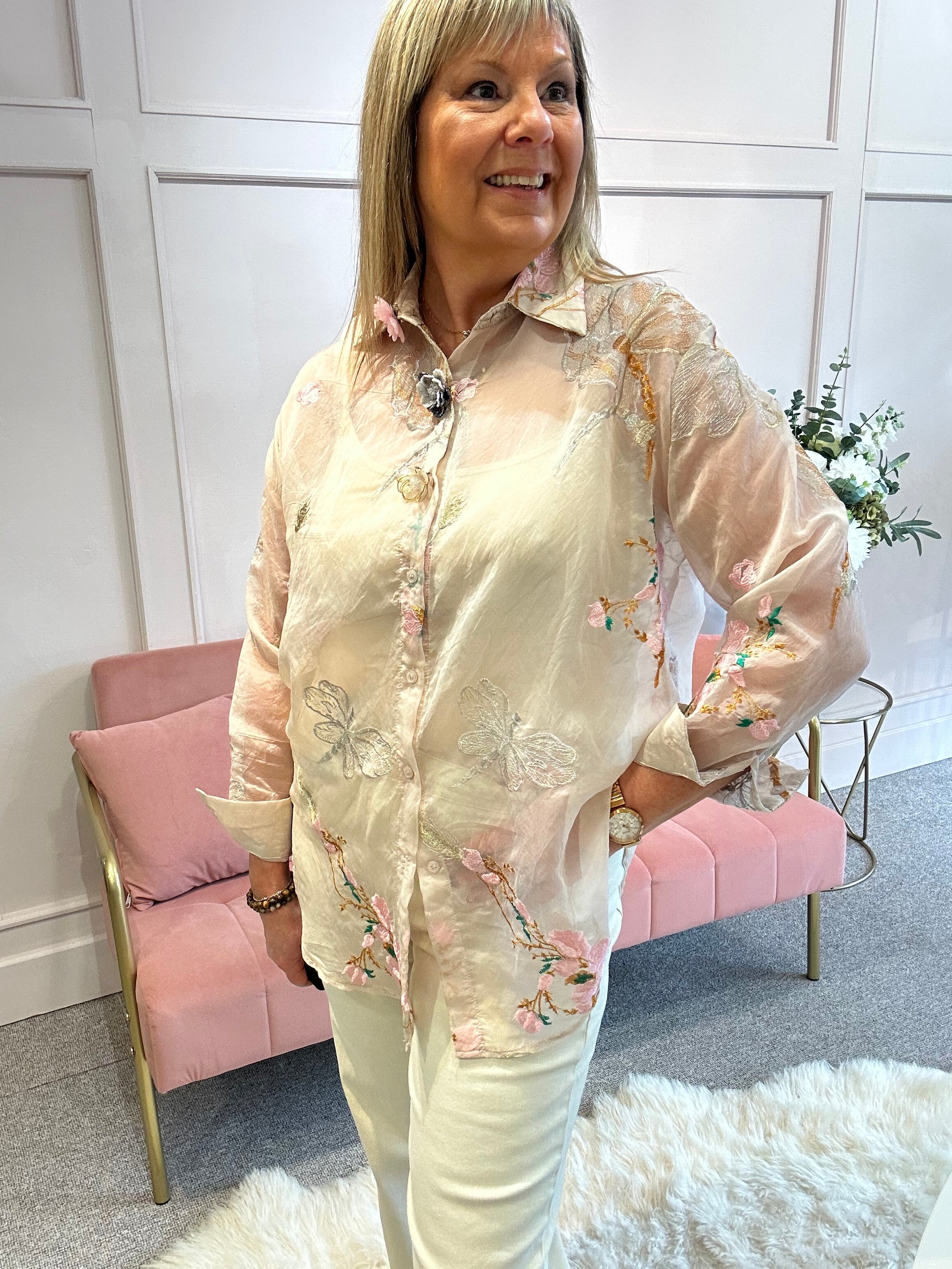 Rose Button Embroidered Shirt  - Soft Coffee - Wardrobe By Simone