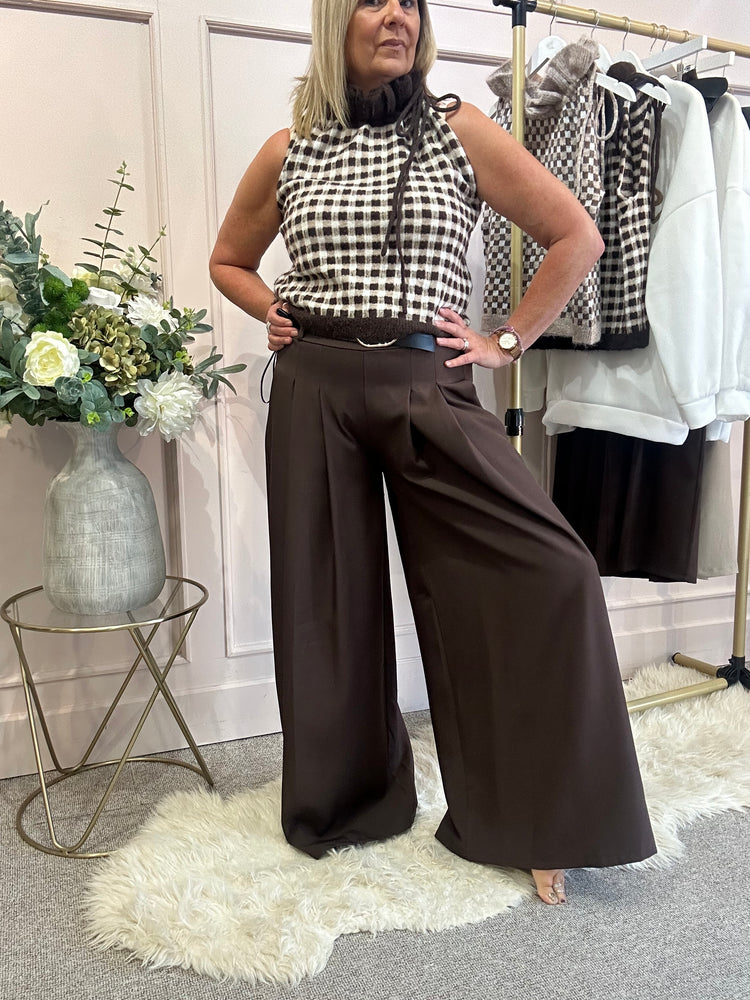 Wide Leg Pin tuck Front Trouser - Brown