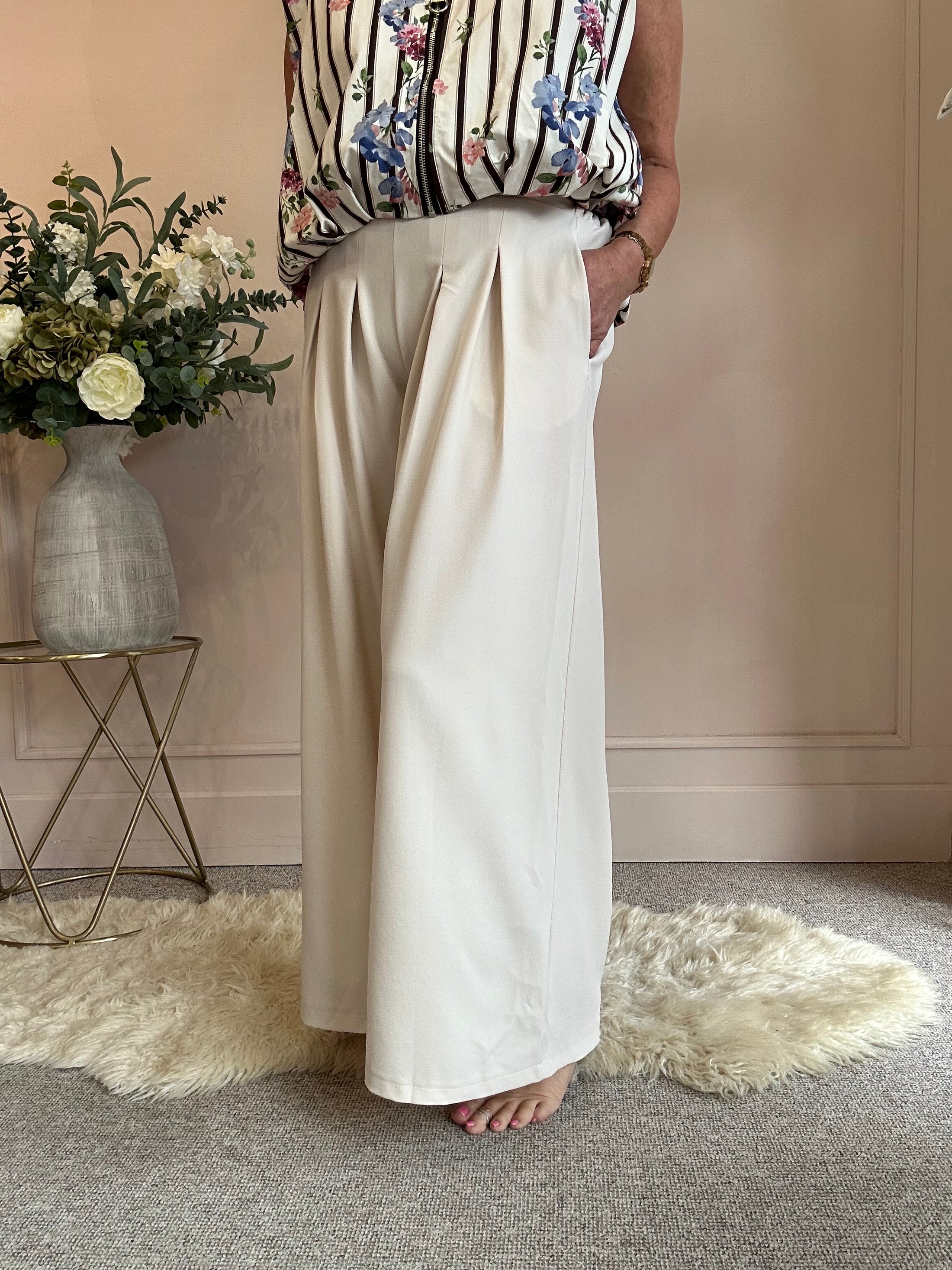 Wide Leg Trouser Belted - Cream One Size