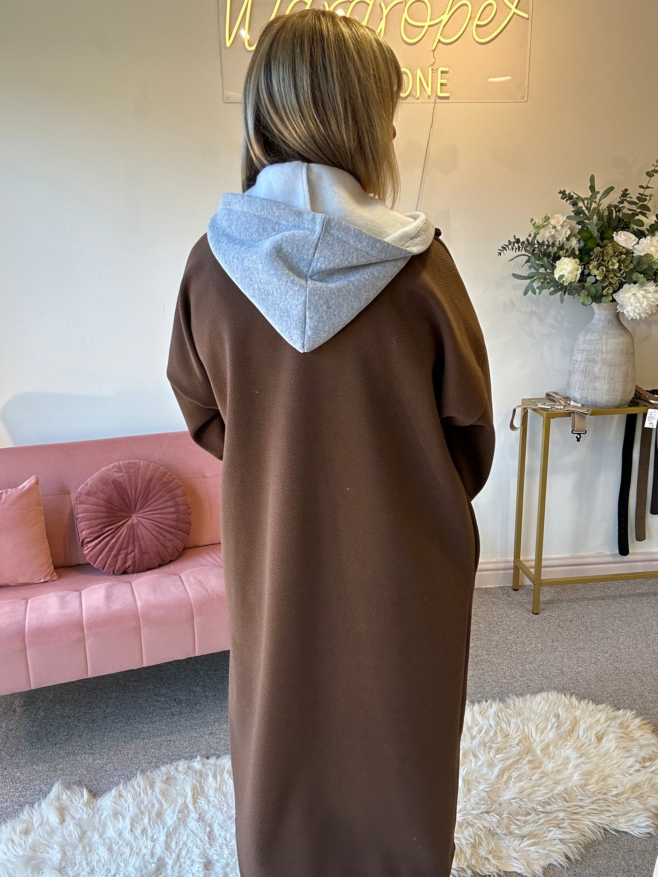 Hoody Two Pocket Long Coat - Brown