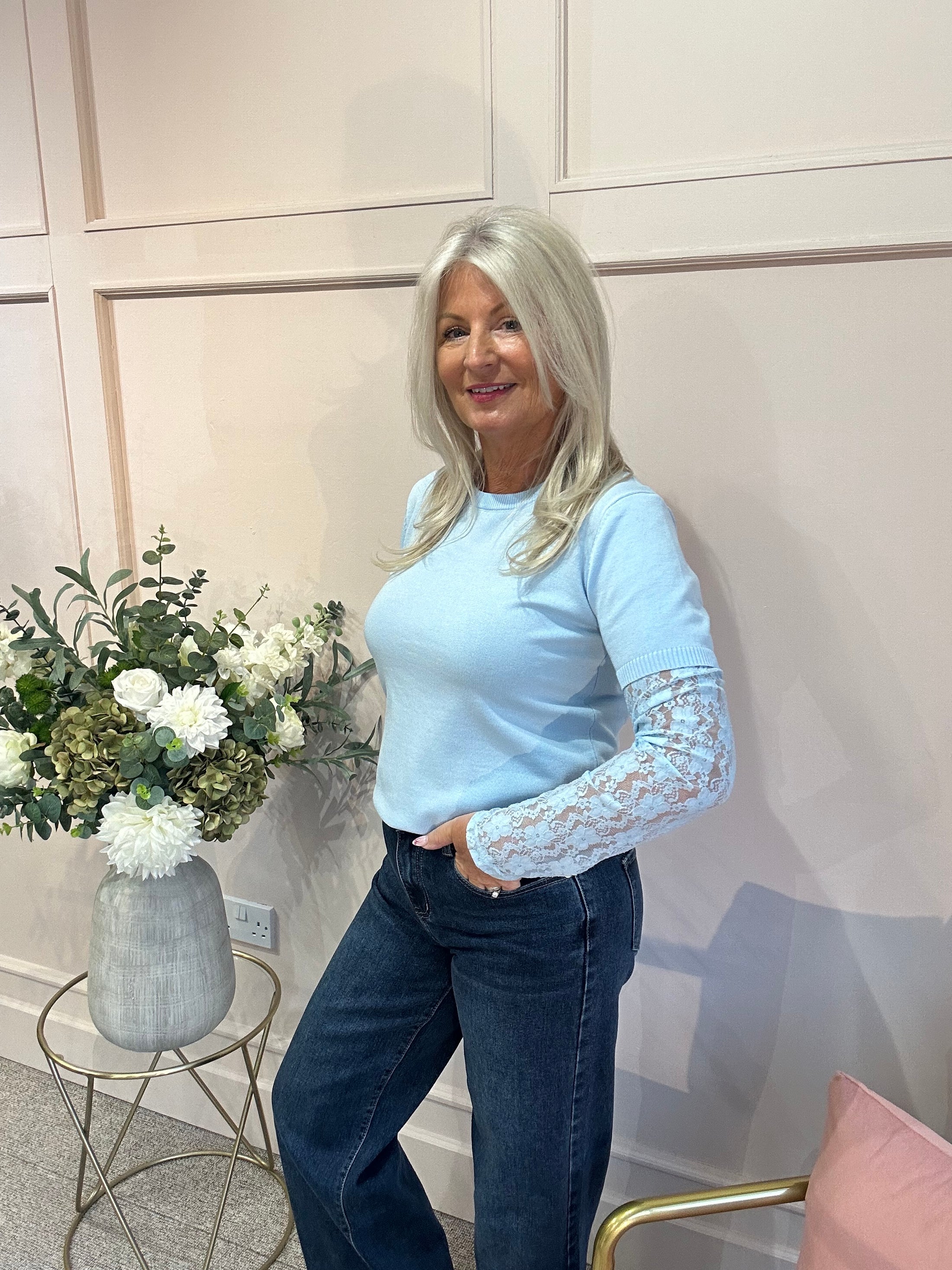 Fine Knit Jumper Lace Sleeve - Light Blue