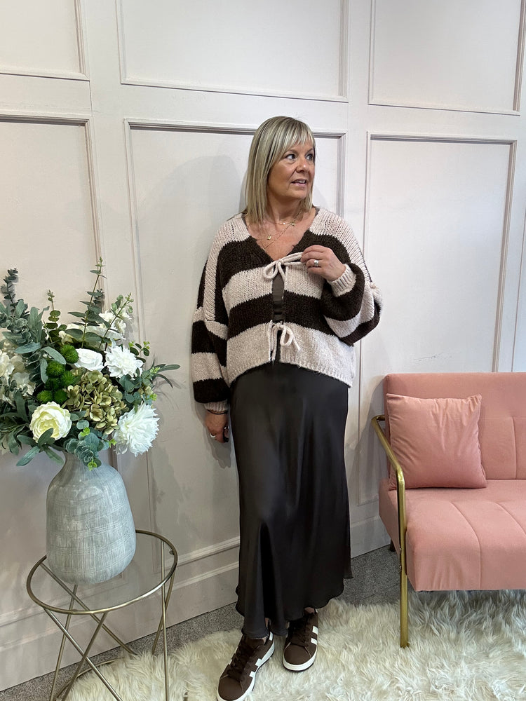 Chunky Striped Knitted Cardigan - Brown/Pink