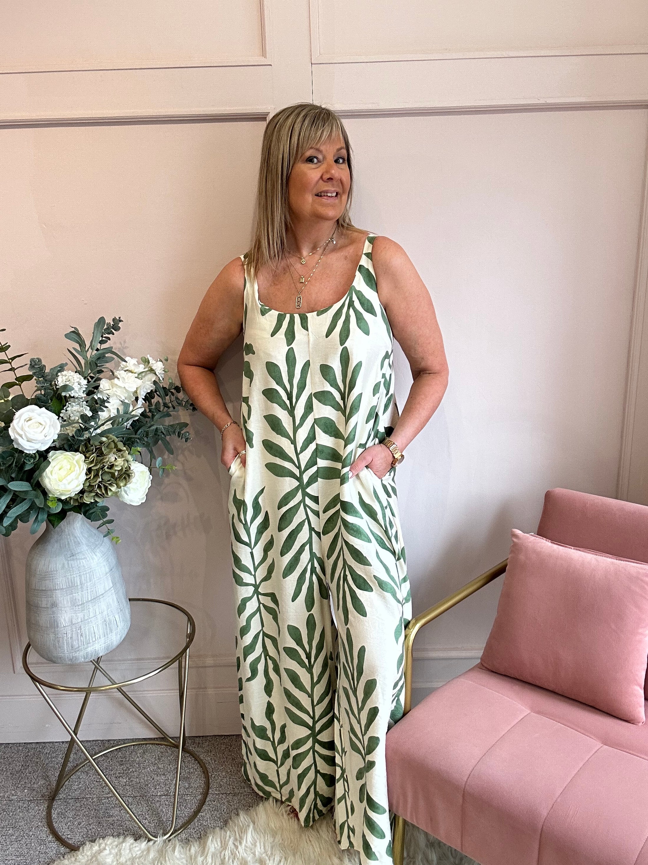 Botanical Dungarees - Cream/Green - Wardrobe By Simone