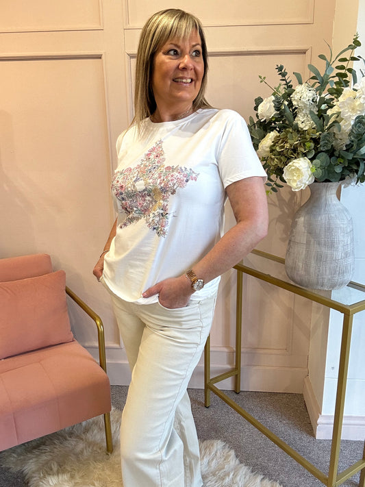 Itsy Bitsy Floral Star T-Shirt - White - Wardrobe By Simone