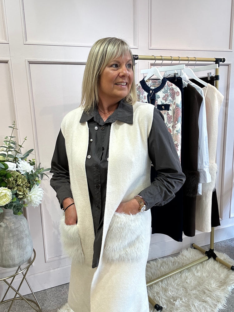 Fluffy Pocketed Long Waistcoat - Cream