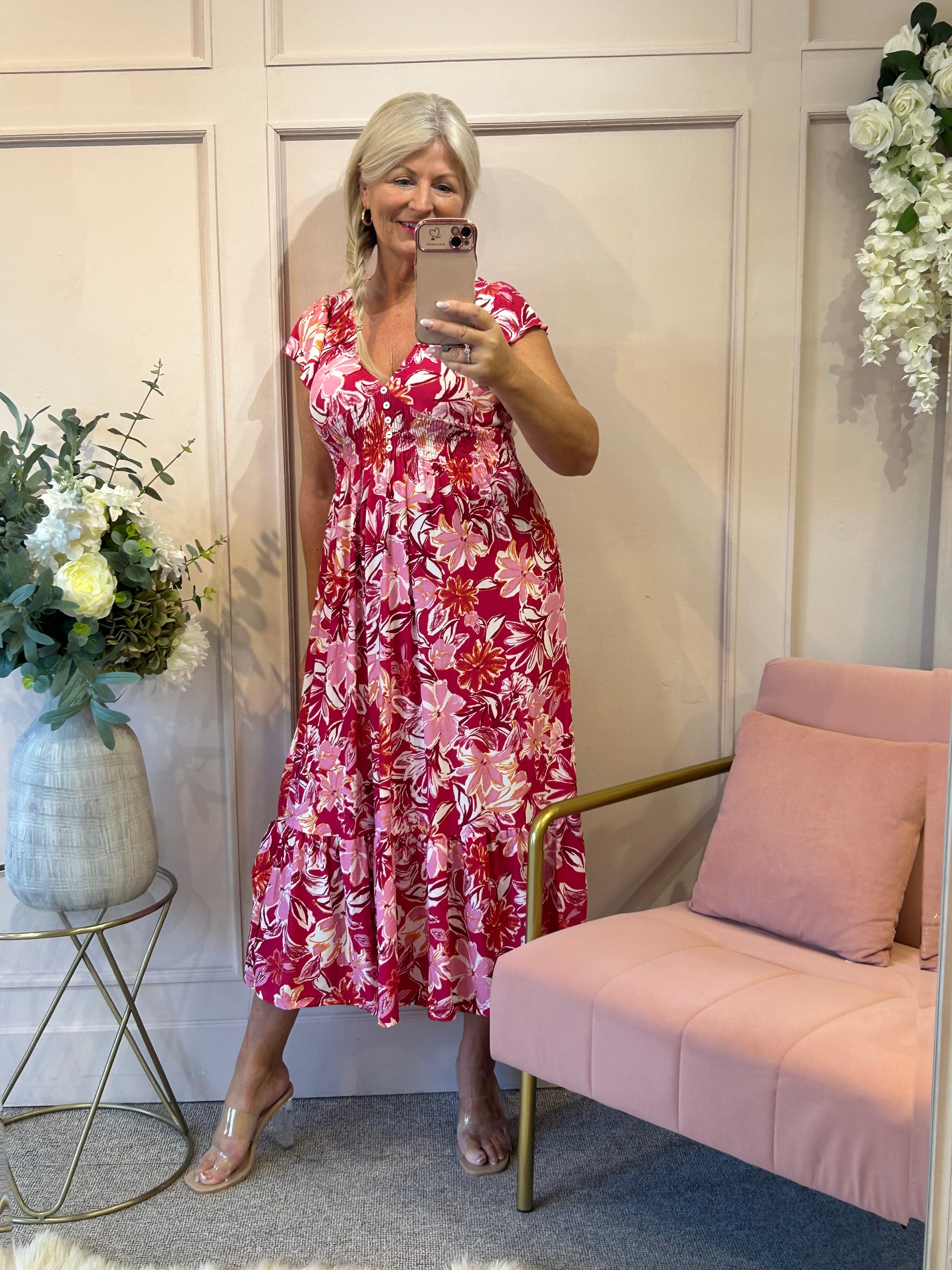 Frill Cap Sleeve Midi Dress  - Pinks/White - Wardrobe By Simone