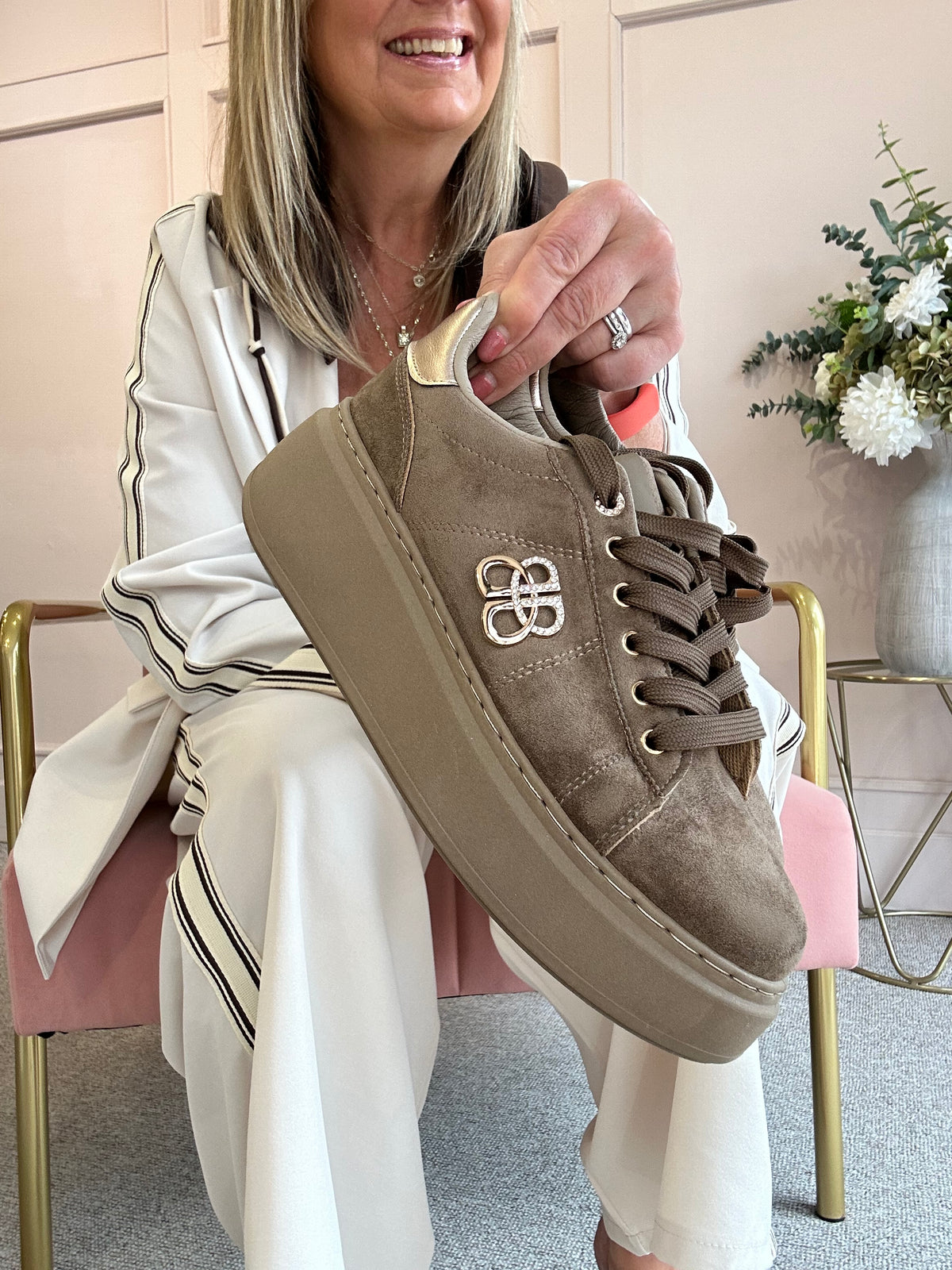 Gold Logo Embellished Trainer - Taupe - Wardrobe By Simone