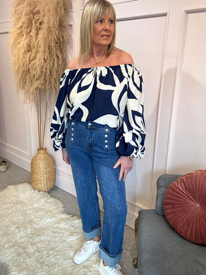 Bold Print Bardo Top - Navy/Cream