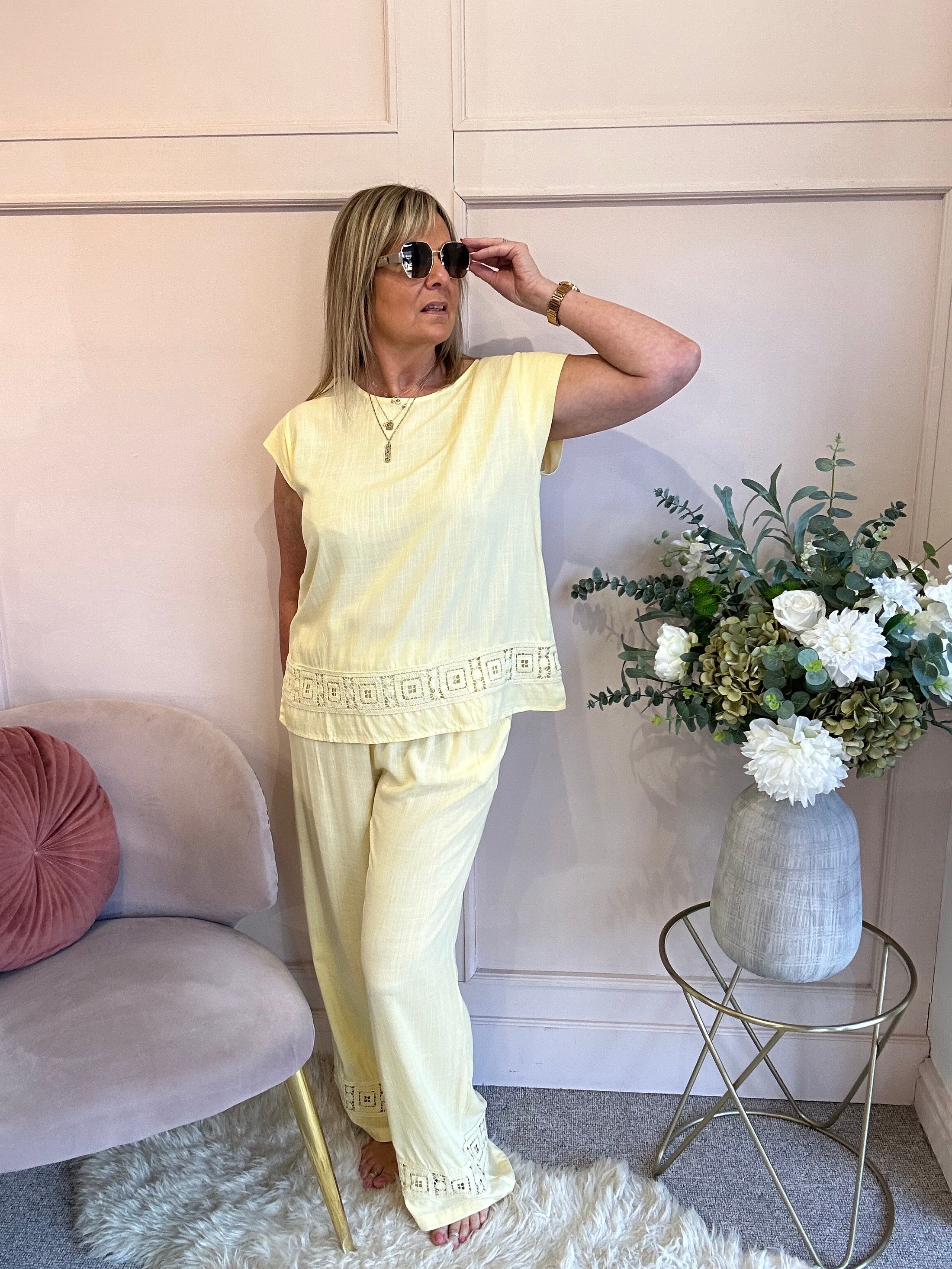 Detailed Edge Top & Pant Set - Soft Lemon - Wardrobe By Simone