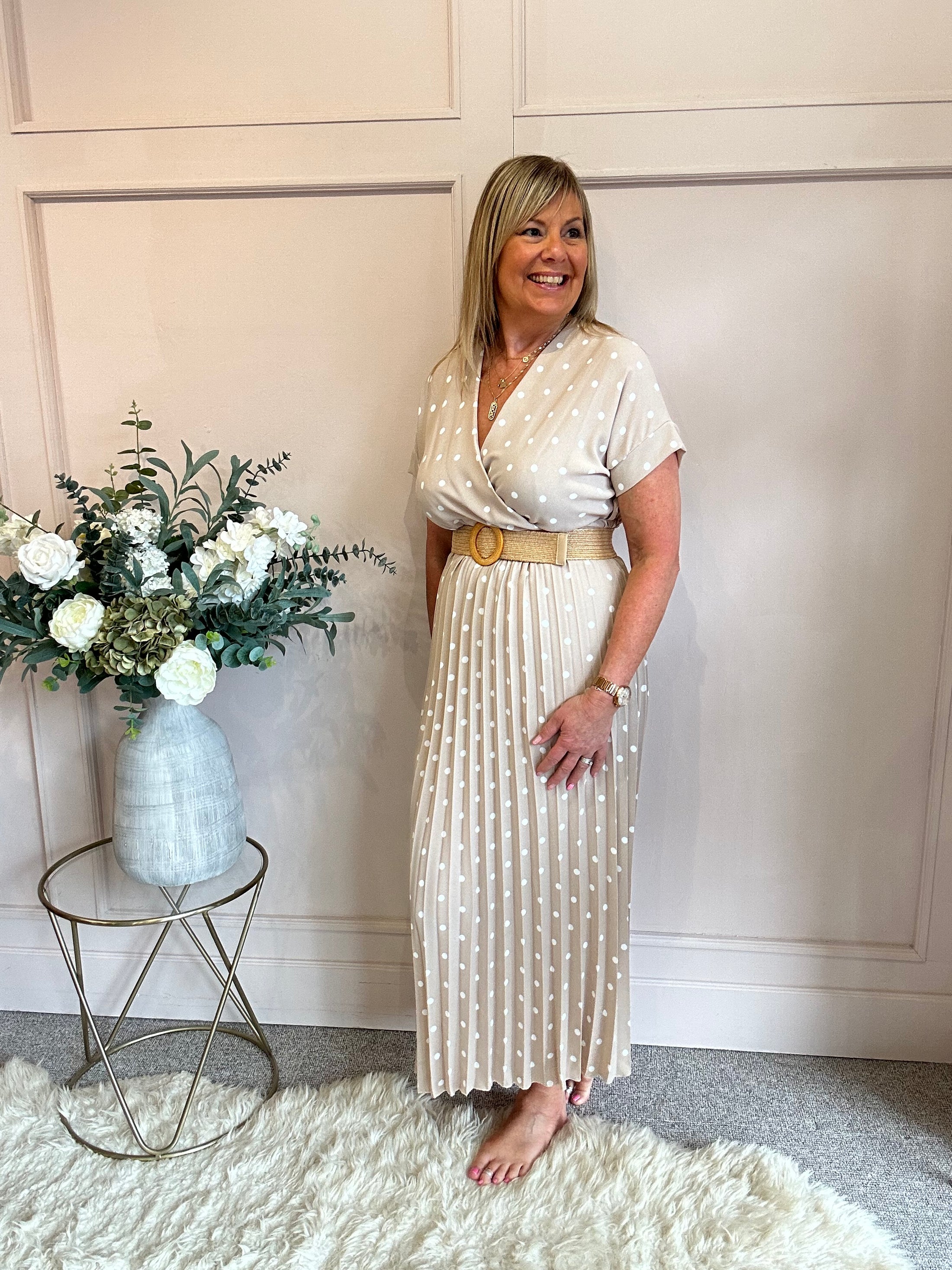 Spotty Pleated Dress- Beige One Size