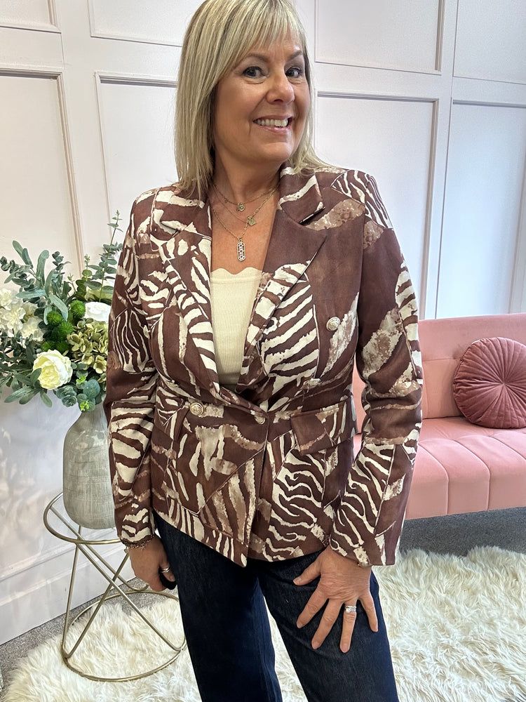 Leafy Double Breasted Jacket - Brown/Cream