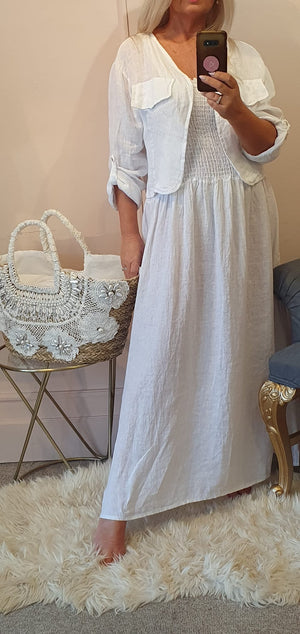 Linen Sundress & Little Jacket Co-ord Set - White - Wardrobe By Simone