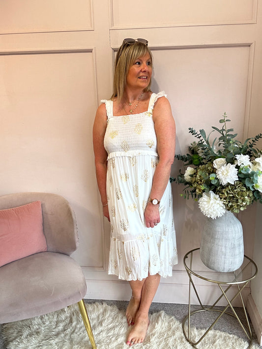Embroidered Gold Midi SunDress - Soft Cream/Gold - Wardrobe By Simone