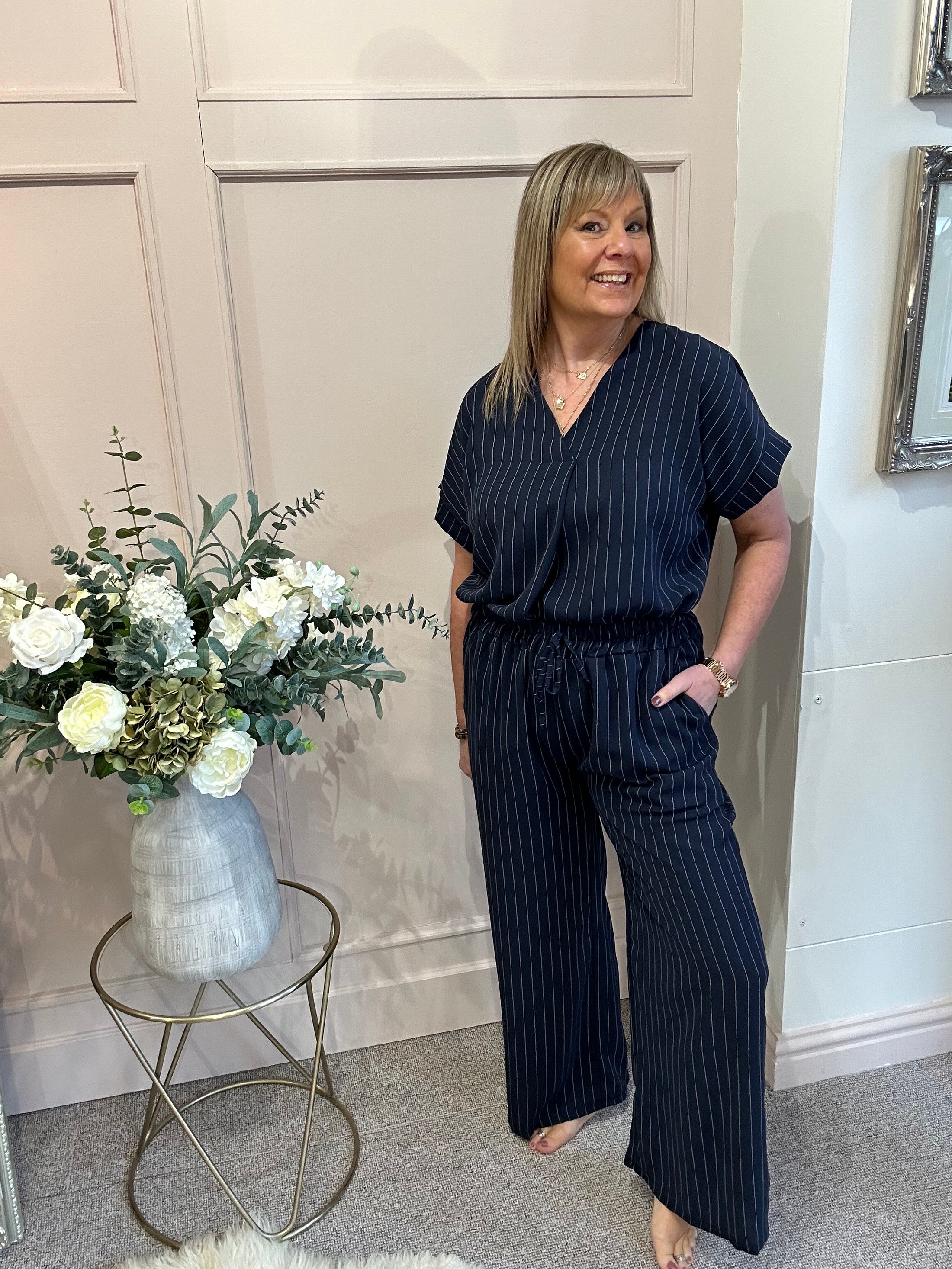 Pinstriped V Neck Top & Pant Set - Navy/White - Wardrobe By Simone