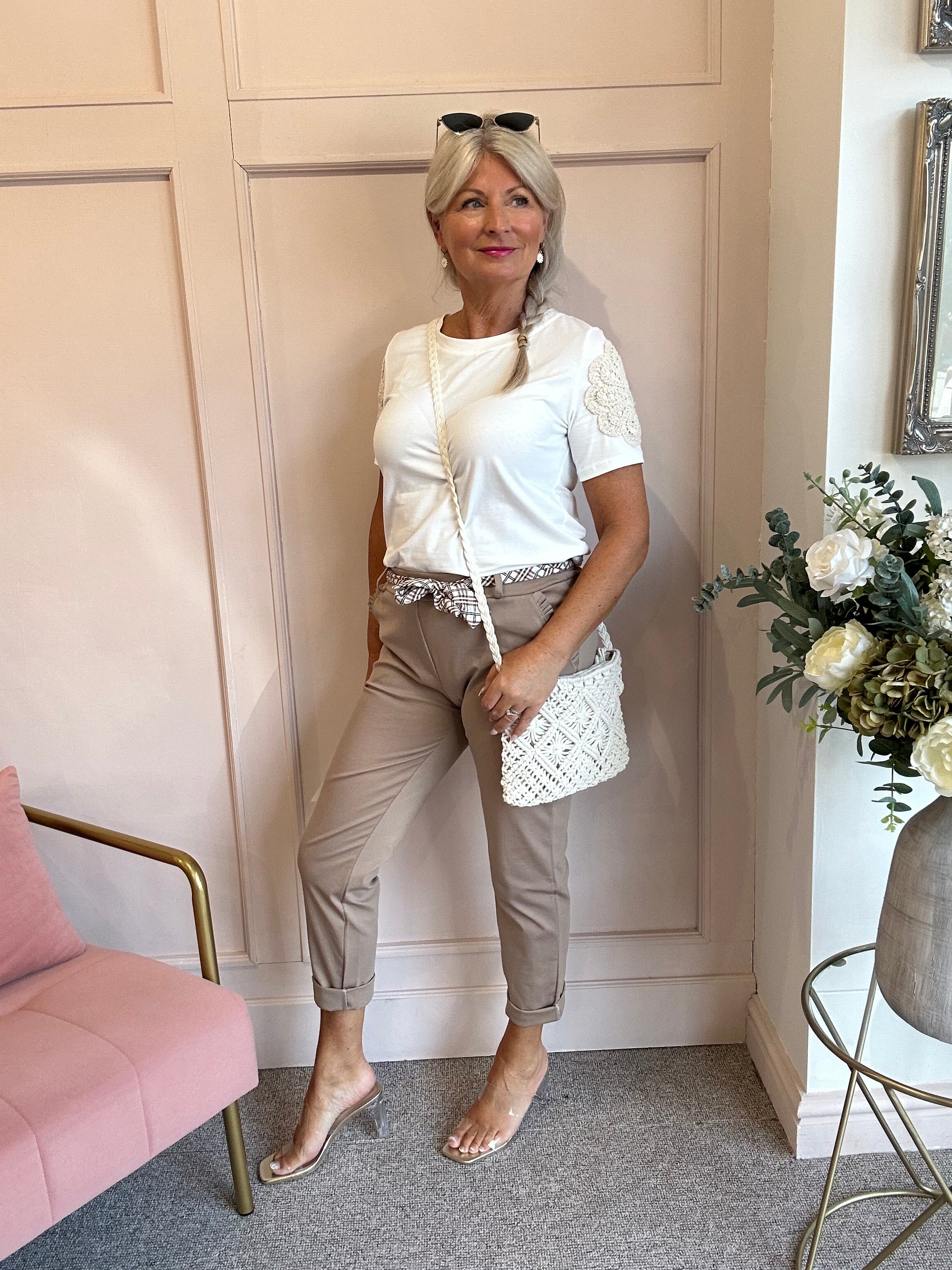 Crochet Flower T Shirt  - White/Cream - Wardrobe By Simone