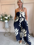 Load image into Gallery viewer, Strapless Leafy Print Jumpsuit - Navy/Cream - Wardrobe By Simone
